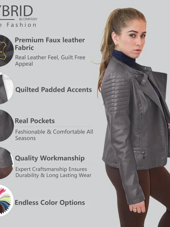 Women's Elegant Faux Leather Zip Up Moto Biker Jacket Zipper Long Sleeves Grey - Picture 2 of 6